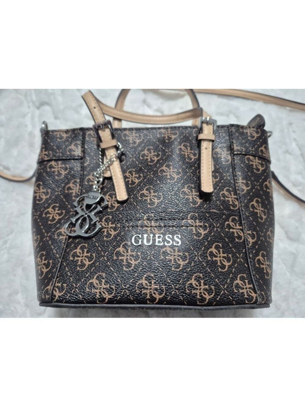 Guess Delaney Monogram Mini Tote Bag Crossbody in brown faux leather w charms